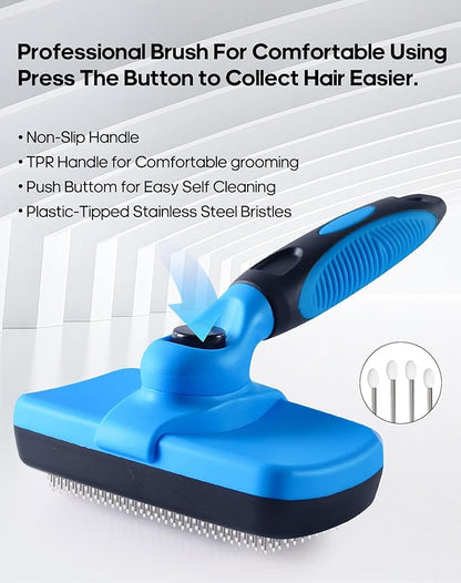 Self Cleaning Shedding Brush - Skin Friendly Grooming Tool for Dogs, Cats, and Puppies, Deshedding and Hair Removal for Long and Short Haired Pets (Blue)