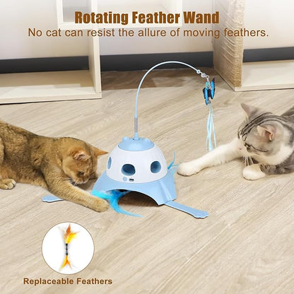 AIPERRO 3-in-1 Automatic Cat Toys for Indoor Cats, Fluttering Butterfly, Whack a Mole, Rotating Feather Wand, USB Rechargeable Interactive Feather Toys for Multi-cat Family (Blue)