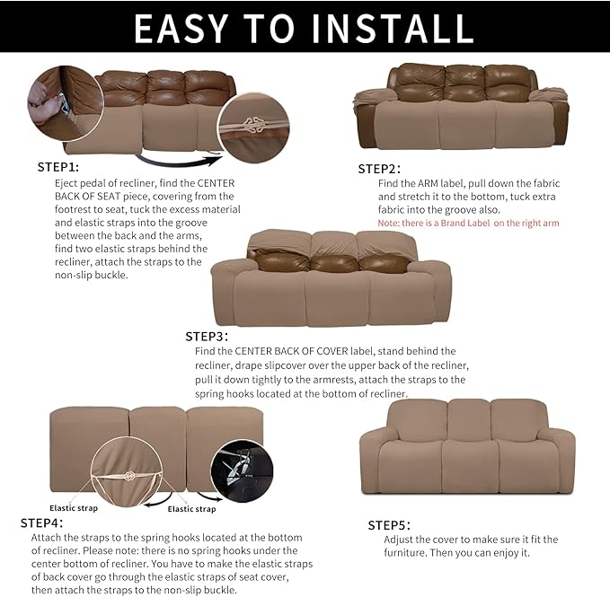 Easy-Going 100% Dual Waterproof Recliner Sofa Cover, 8-Pieces Stretch Relining Couch Cover with Pocket, Jacquard 3 Seat Sofa Slipcover Leakproof Washable (Sofa, Camel)
