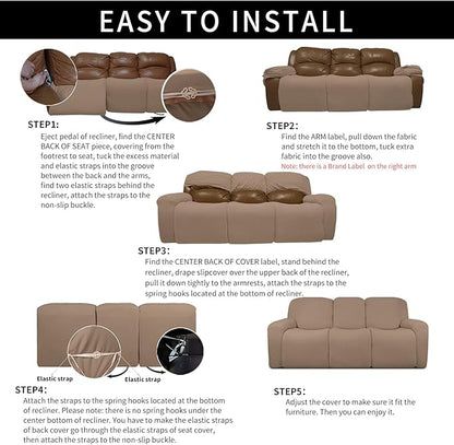 Easy-Going 100% Dual Waterproof Recliner Sofa Cover, 8-Pieces Stretch Relining Couch Cover with Pocket, Jacquard 3 Seat Sofa Slipcover Leakproof Washable (Sofa, Camel)