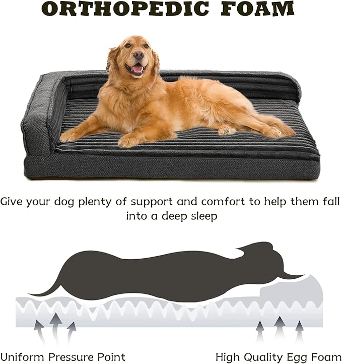 WINDRACING Orthopedic Dog Beds for Extra Large, XXLarge Dogs, Waterproof Egg Foam Dog Sofa Bed with L Bolster Sides, Washable Pet Bed with Removable Cover & Non-Slip Bottom, 46 x 30 inch, Gray