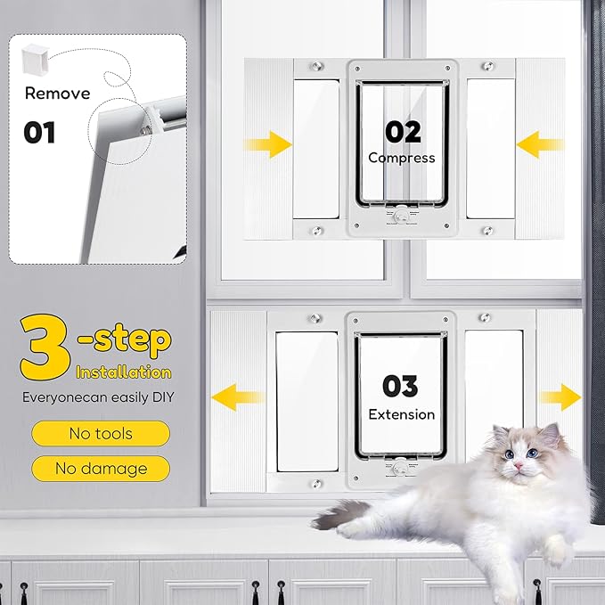 Full-Size Window Pet Door for Cats & Small Dogs, Width Adjustable Fits Sliding Windows, 10-Min Install, Aluminum Frame, HD High-Transparency Glass, Weatherproof Design, Magnetic Close