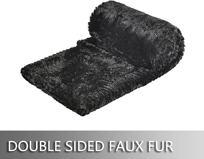 YUSOKI Luxury Faux Fur Blanket for Queen Size Bed 2 Layers,7.3lb,All Ages,Home Decoration Without Pillows(Black,90"x90")