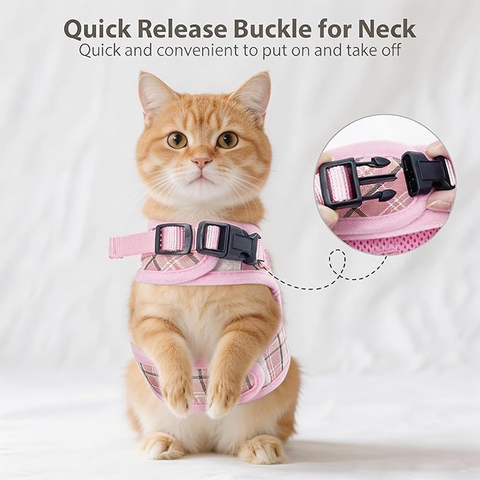 AIITLE Adjustable Bunny Harness & Leash Set - Soft Mesh Liner, Comfort Fit Plaid Pattern Vest with Magic Tape Design, Portable for Small Animal Pets Puppy Cat Rat Squirrel Ferret, Pink L