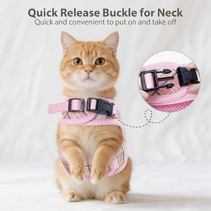 AIITLE Adjustable Bunny Harness & Leash Set - Soft Mesh Liner, Comfort Fit Plaid Pattern Vest with Magic Tape Design, Portable for Small Animal Pets Puppy Cat Rat Squirrel Ferret, Pink L