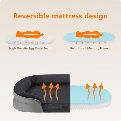 Dwanton Orthopedic Dog Bed for Large Dogs with Gel Memory Foam, Waterproof Dog Sofa, Washable Pet Bed with Four Sided Bolster Cushion, Removable Cover & Non-Slip Bottom, 42", Dark Gray
