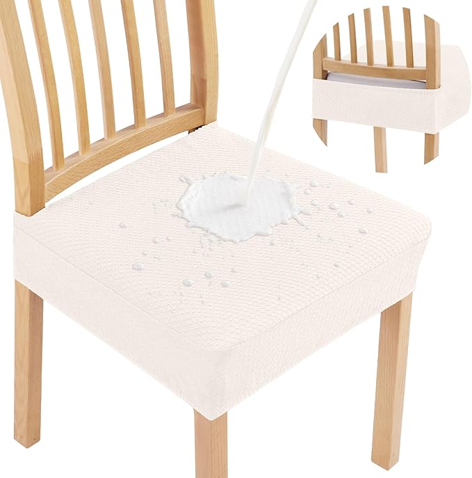 Smiry Waterproof Seat Covers for Dining Room Chairs Set of 4, Stretch Jacquard Removable Washable Chair Seat Slipcovers Protector, No Rear Covers, Ivory