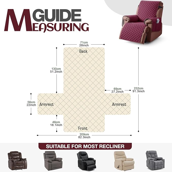 KinCam 100% Waterproof Recliner Chair Cover, Reclining Couch Covers for Pets, Dogs, Recliner Couch Slipcover Furniture Protector with Elastic Straps for Kids(28", Burgundy)