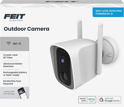 Feit Electric Smart Outdoor Wireless Security Camera, 2K HD Video, Battery Powered or Solar-Ready, Advance Motion Detection, 2.4GHz Wi-Fi, 30ft. Night Vision, 2-Way Audio with Micro SD Card Storage