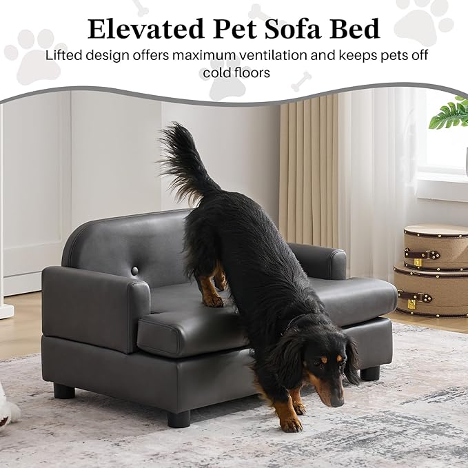 Luxury Dog Sofa Bed Elevated Pet Couch with Durable Waterproof Leather & Orthopedic Sponge - Modern Furniture Style Dog Lounge & Pet Bedside Step for Small/Medium Dogs/Cats, Gray