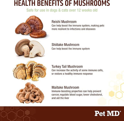 Pet MD Mushroom Immune Support for Dogs & Cats - Turkey Tail Mushroom Immune Support Supplement - Milk Thistle with CoQ10 for Dogs & Cats - Immunity Supplement for Pets - 120 Chews