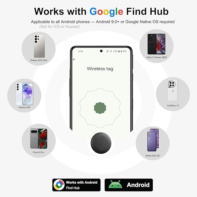Android Tracker Tags, 1 Pack Google Certified Smart Tracker with Silicone Cases, Works with Google Find Hub for Keys, Luggage, Backpacks, Pets, IP67 Waterproof & Replaceable Battery (Android Only)