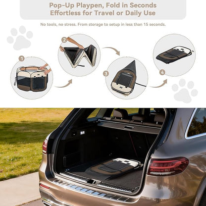 Dog Playpen for Small Dogs & Puppies, 29.92" Portable Indoor Outdoor Puppy Playpen with Bowl, Waterproof Floor, Foldable Pop-Up Pet Pen for Home, Travel & Daily Use, Brown+Beige