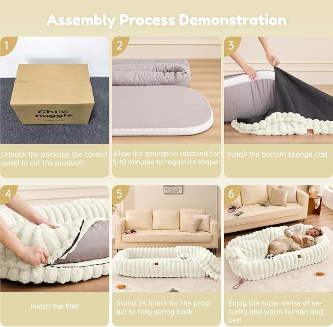 ChiXnuggle Human Dog Bed for Adult - Luxury Striped Faux Fur Giant Dog Bed with Portable Handle, Egg Orthopedic Foam Pad with Thick Blanket, 72"x40"x10", Cream