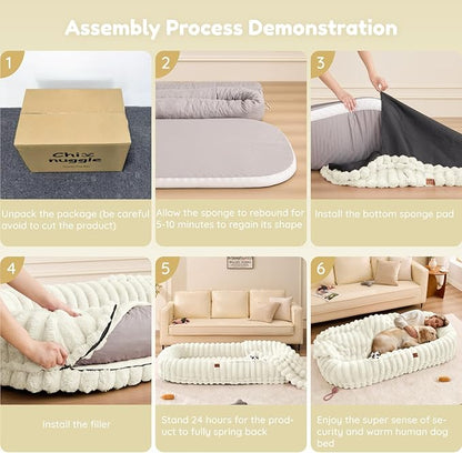ChiXnuggle Human Dog Bed for Adult - Luxury Striped Faux Fur Giant Dog Bed with Portable Handle, Egg Orthopedic Foam Pad with Thick Blanket, 72"x40"x10", Cream
