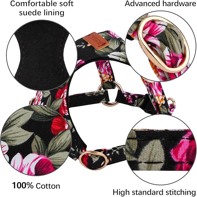 CHEDE No Pull Floral Pattern Dog Harness- Lightweight and Soft Harness, Adjustable Small Dog Harness and Leash Set, with Dog Leash, Suitable for Puppy Small and Medium-Sized Dog (XS, Black Flower)