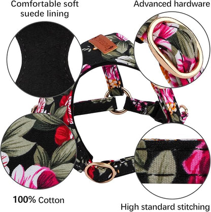 CHEDE No Pull Floral Pattern Dog Harness- Lightweight and Soft Harness, Adjustable Small Dog Harness and Leash Set, with Dog Leash, Suitable for Puppy Small and Medium-Sized Dog (XS, Black Flower)