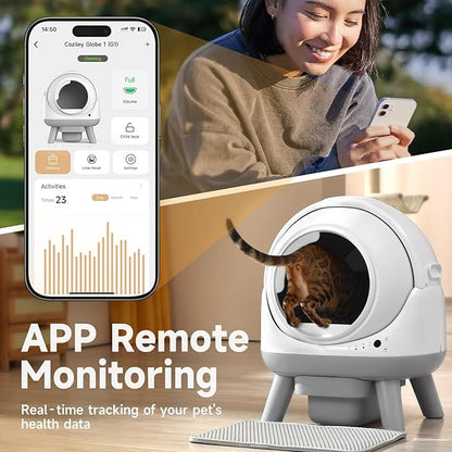 Self Cleaning Litter Box for Multiple Cats, G1 Automatic Litter Box with Smart APP Control & Health Monitoring, Includes 2 Roll Trash Bags and Litter Mat (White-Grey)