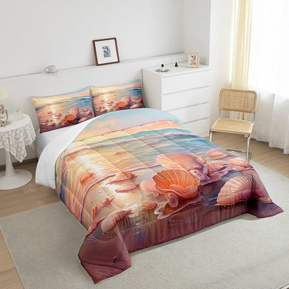 Erosebridal Ocean Bedding Sets Twin Tropical Hawaii Comforter Set Summer Beach Bedding Comforter Seashell Conch Bed Set Oil Painting Quilted Duvet Coastal Sealife Girls Teen Bedroom Décor Soft