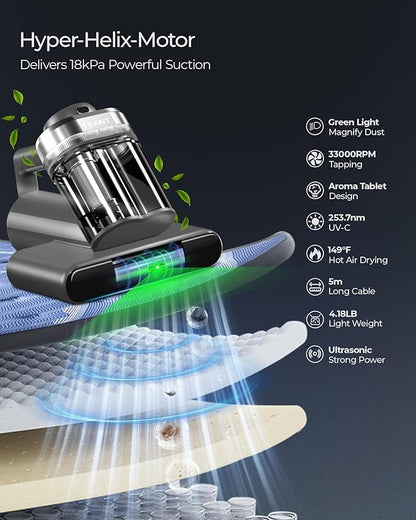 Teant Powerful Mattress Bed Vacuum Cleaner, 2-Speed (14kPa/18kPa) Mattress Vacuum with Green Light Dust Detection, 253.7nm UV-C Light, LED Display, HEPA Filter, 149℉ Heat, Aroma for Bed Couch Carpet