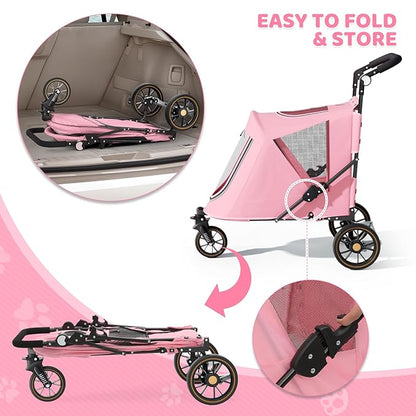 Magshion Pet Stroller for Medium Dogs w/Adjustable Handle, 3-Wheel Dog Cat Wagon w/Dual Entry, Rear Storage, Breathable Mesh, One-Foot Brake, Ideal for Large Pets up to 55 lbs, Pink