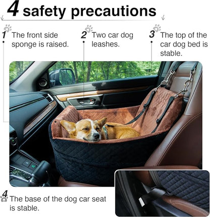 YOUVEE Dog Car Seat for Small/Medium Dog 20lbs 25lbs up to 32 lbs,Fully Detachable and Washable Puppy Booster seat with Storage Pockets,2 Adjustable Safety Belts(Black Outside Brown Inside)