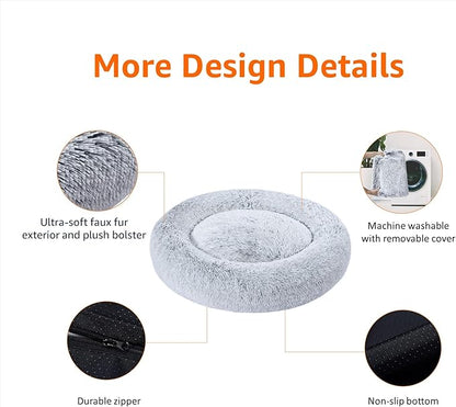 Amazon Basics Washable Donut Pet Bolster Faux Fur Bed with Removable Cover, Anti-Slip Bottom for Dog, Grey, 36" x 36"