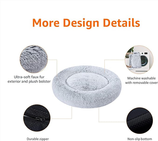 Amazon Basics Washable Donut Pet Bolster Faux Fur Bed with Removable Cover, Anti-Slip Bottom for Dog, Grey, 36" x 36"