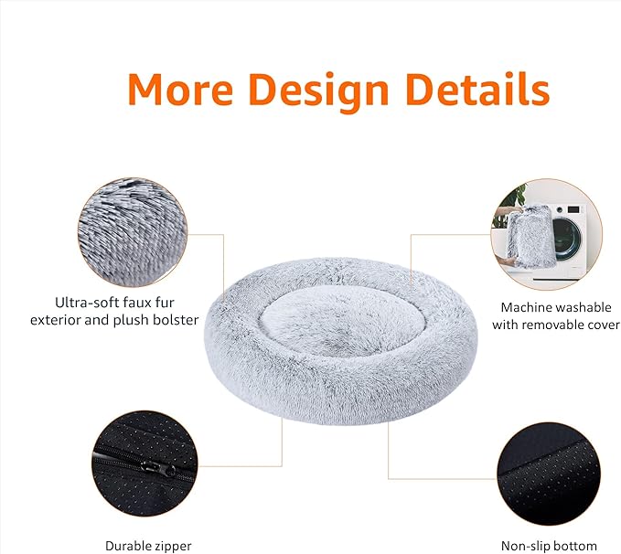 Amazon Basics Washable Donut Pet Bolster Faux Fur Bed with Removable Cover, Anti-Slip Bottom for Dog, Grey, 23" x 23"