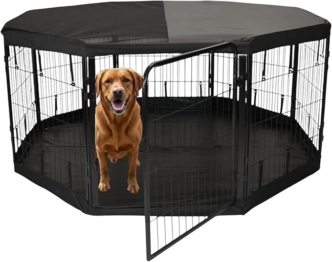 Dog Playpen w/Octagon Bottom Pad & Top Cover - 32 inch, 8 Panel Portable Black Metal Pet Play Pen for Small & Medium Dogs - Indoor/Outdoor Kennel Cage for Home, Yard, RV, or Camping