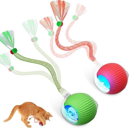 Interactive Cat Toys for Indoor Cats, Automatic Kitten Toys for Bored Indoor Adult Cats, Smart Kitten Rolling Ball Moving Balls Toy, Rechargeable Dog Cat Ball for Enrichment Exercise (Red+Green)