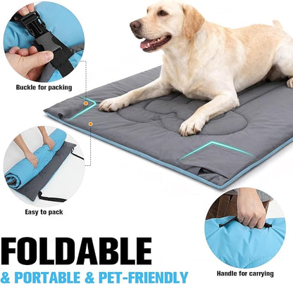 EXPAWLORER Outdoor Dog Bed, Portable Waterproof Reversible Camping Travel Durable Dog Bed, Large Pet Mat Machine Washable Indoor for Medium Large Dogs Puppy Cats Sleeping Outside 26"x43" Blue & Grey