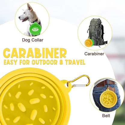 Small Collapsible Dog Bowls (12oz), 2 Pack 2 Colors Pet Travel Foldable Bowl and Slow Feeding Frisbee with Carabiners, Healthy, Soft Silicone, Portable Essential Set for Walking, Travel, and Hiking