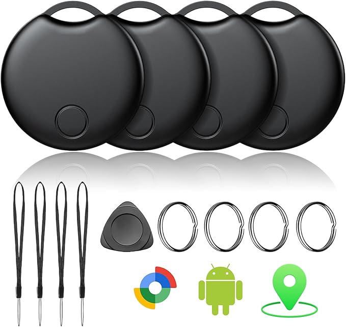 Air Tracker Tags-4 Pack for Android, Bluetooth Tracker Works with Google’s Find Hub | Android Only | Replaceable Battery | Water- Resistance (4 Black)