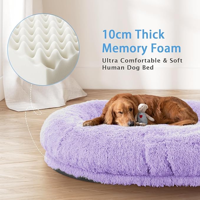 Human Dog Bed, 71''x45''x12'' Size Fits People and Pet 10 CM Thick Memory Foam Washable Adult Large Bed Giant Oversize Foldable Dog Bed with Plump Pillow, Blanket, Strap - Purple