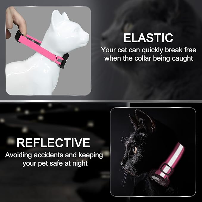 Reflective AirTag Cat Collar, Integrated Cat Tracker Collar with Air Tag Holder and Bell, Safety Elastic Band Cat GPS Collars for Girl Boy Cats, Kittens and Puppies (Hotpink,S)