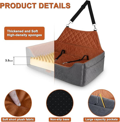 Large Dog Car Seat for Medium/Large Dog Under 55 lbs - Elevated Booster Car Seat for 2 Small Dogs,Removable and Washable,Filling Memory Foam with Safety Leashs and 2 Pockets