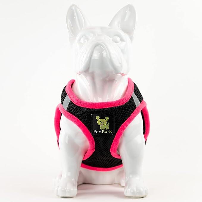 EcoBark Step in Dog Harness - Eco-Friendly Dog Harnesses for Small and Medium Breed Dogs - Reflective and Adjustable Body Halter Vest - Soft Mesh Toy Breed Harness (Black and Pink, Large)