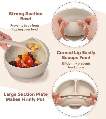 ECLIP Silicone Baby Feeding Set,10 Pcs Baby Led Weaning Supplies Baby Eating Essentials Set with Suction Bowl Divided Plate Adjustable Bib Soft Spoon Fork Cup with Lid Drinking Cup, Travel Bag (Beige)