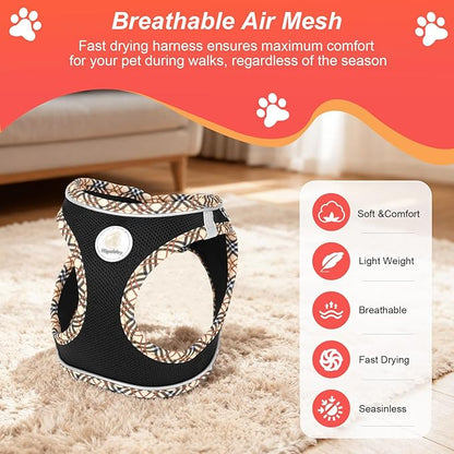 Hipubby Dog Harness Small Sized and Leash Set, No Pull Soft Mesh Puppy Vest, Reflective Breathable Lightweight Pet Harness, Harness for Small Medium Dogs and Cats - Black/Khaki Trim, M