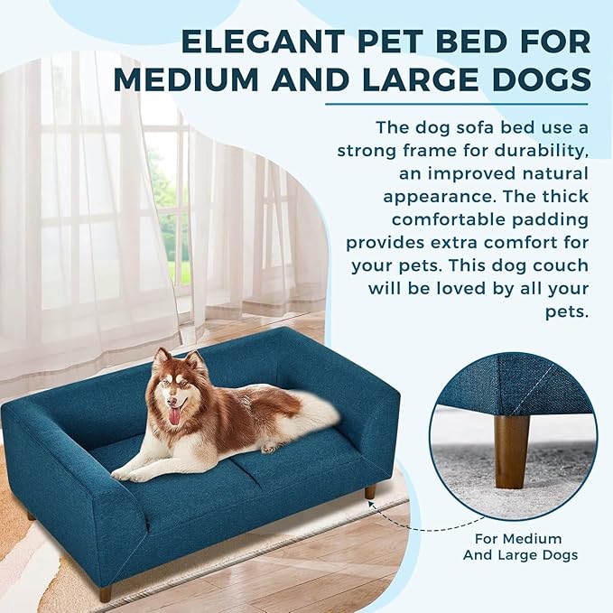 Dog Sofa Couch for Medium Dogs with Backrest and Armrest, Memory Foam Dog Sofa Bed, Modern Elevated Pet Couch Bed with Wooden Legs, Blue
