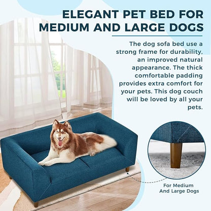 Dog Sofa Couch for Medium Dogs with Backrest and Armrest, Memory Foam Dog Sofa Bed, Modern Elevated Pet Couch Bed with Wooden Legs, Blue