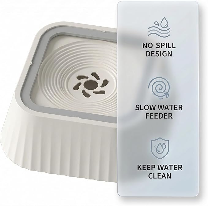 No Spill Dog Water Bowl, 45oz Slow Water Feeder with Floating Disk & Safety Foam, Anti-Splash Pet Water Dispenser, Mess-Free Elevated Design, Durable PP Material for Home, Car & Travel