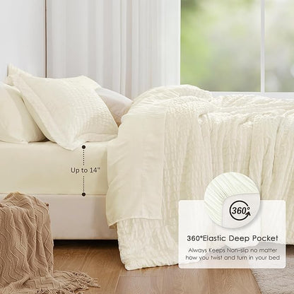 Love's cabin Seersucker Ivory Twin Comforter Set, 5-Piece All Season Lightweight Bed in a Bag Bedding Set with Comforter, Flat Sheet, Fitted Sheet, Pillowcase and Sham | Soft, Breathable, Lightweight