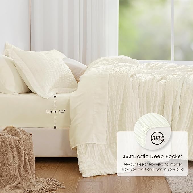 Love's cabin Seersucker Ivory Twin XL Comforter Set, 5-Piece All Season Lightweight Bed in a Bag Bedding Set with Comforter, Flat Sheet, Fitted Sheet, Pillowcase and Sham | Soft, Breathable, Lightweight