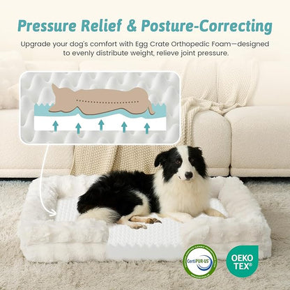 COZY KISS Orthopedic Dog Bed for Large Medium Size Dog, Soft and Warm Faux Fur Sofa for Pet Up to 75 lbs, Foam Bolster Anti-Slip Couch with Washable Removable Cover, L 36x27x6.5 inch, Beige