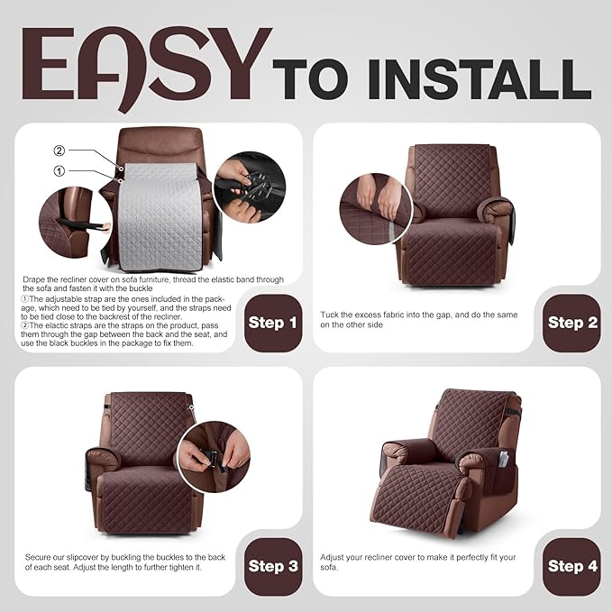 KinCam 100% Waterproof Recliner Chair Cover, Reclining Couch Covers for Pets, Dogs, Recliner Couch Slipcover Furniture Protector with Elastic Straps for Kids(23.6", Coffee)