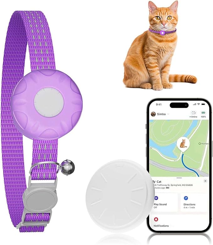 Cat GPS Tracker, Smart Cat Tracker Compatible with Apple Find My App (Only iOS), No Monthly Fee, Waterproof, Breakaway Collar Included (White Tracker, Purple Cat Collar)
