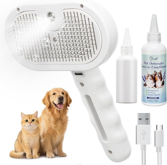 Pjordo Pet Steam Brush for Dogs & Cats with Pet Conditioner, 4 in 1 Spray Hair Removal Comb for Shedding & Grooming, Self Cleaning Water Brush for Long & Short Haired Pets