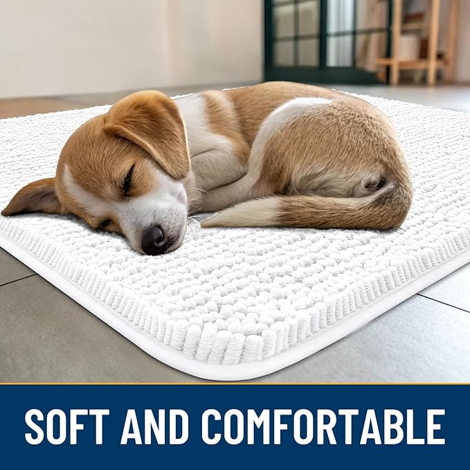 Smiry Dog Door Mat for Muddy Paws 59x24, Absorbs Moisture and Dirt Doormat, Non-Slip Washable Quick Dry Chenille Front Door Mat Indoor Entrance, Entryway Carpet for Inside Floor, White
